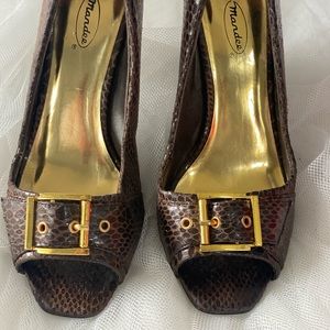 MANDEE Brown Faux Snakeskin Leather Peep-Toe Heels